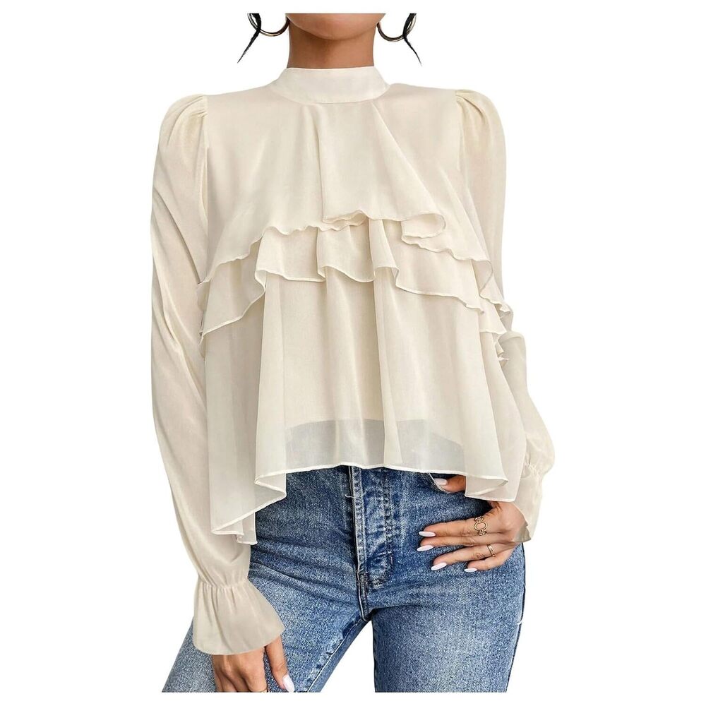 Women's Dressy Casual Ruffle Layered Blouse Puff Sleeve Chiffon Elegant